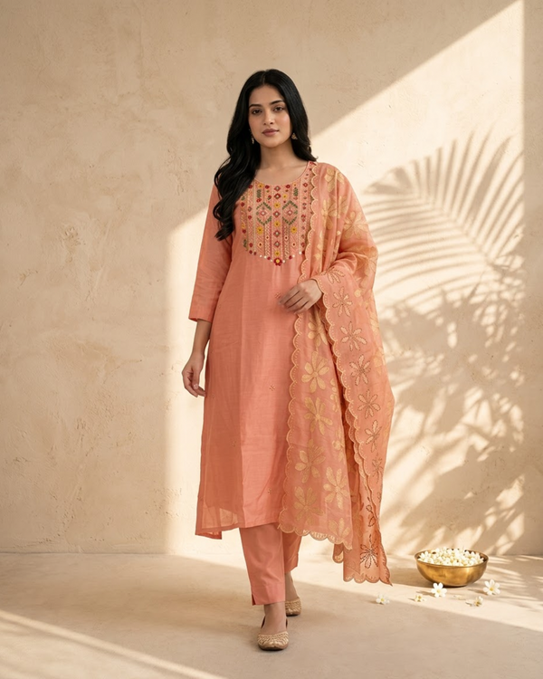 Pink Chanderi Thread Work Kurti Set with Dupatta