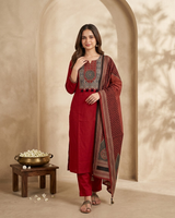 Woman wearing Red Embroidery Kurti Set with Dupatta | Kunvarani