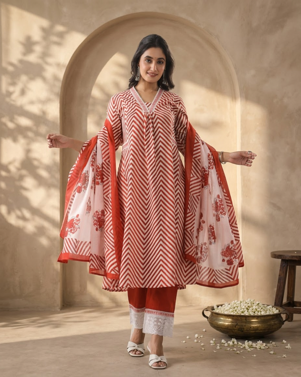 Red and White Striped Cotton Kurta Set with Dupatta