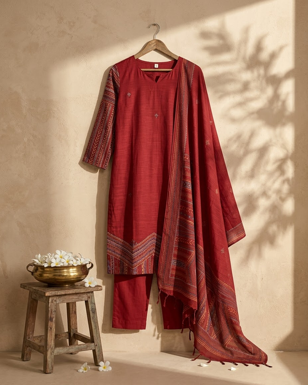 Red Thread Work Kurti Set with Dupatta