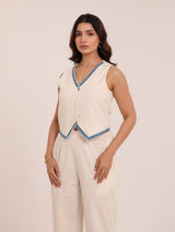 Off-White Cotton Vest Coord Set with Blue Trim