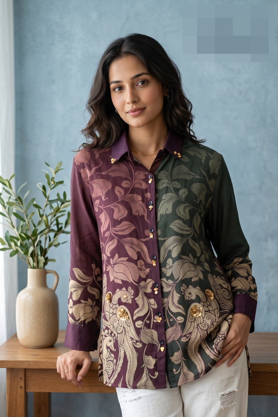 Woman wearing Maroon Muslin Kalamkari Print Shirt | Kunvarani