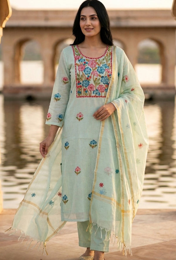 Mint Green Kota Doria Hand-Embroidered Kurta Set