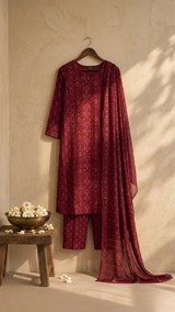 Front view of Hot Pink Thread Work Mandarin Collar Kurti Set with Dupatta from Kunvarani