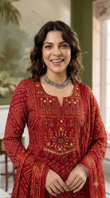 Red Bandhani Print Mirror Work Anarkali with Dupatta