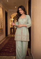 Woman wearing Pista Chinnon Beadwork IndoWestern Co Ord Set | Kunvarani