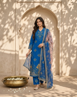 Vasansi Blue Gota Patti Work V-Neck Kurti Set with Dupatta