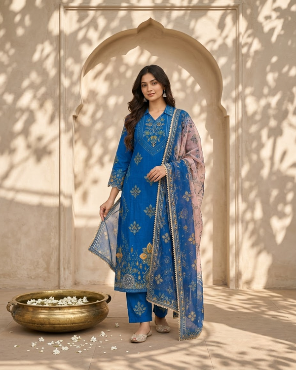 Vasansi Blue Gota Patti Work V-Neck Kurti Set with Dupatta