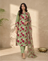 Woman wearing Bottle Green Pearl Work V-Neck Kurti Set with Dupatta | Kunvarani