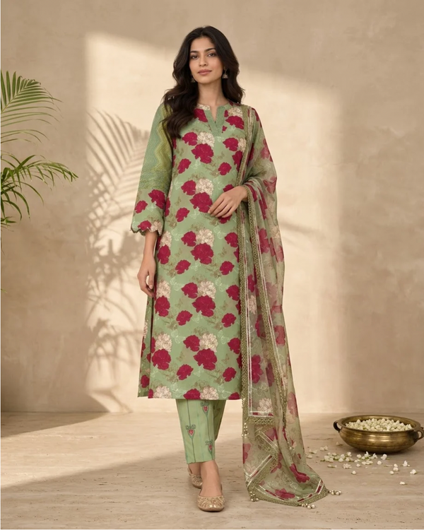 Woman wearing Bottle Green Pearl Work V-Neck Kurti Set with Dupatta | Kunvarani