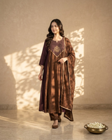 Woman wearing Brown Embroidery Mandarin Collar Kurti Set with Dupatta | Kunvarani