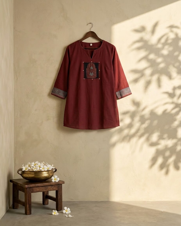 Plus Size Red Mirror Work Mandarin Collar Top