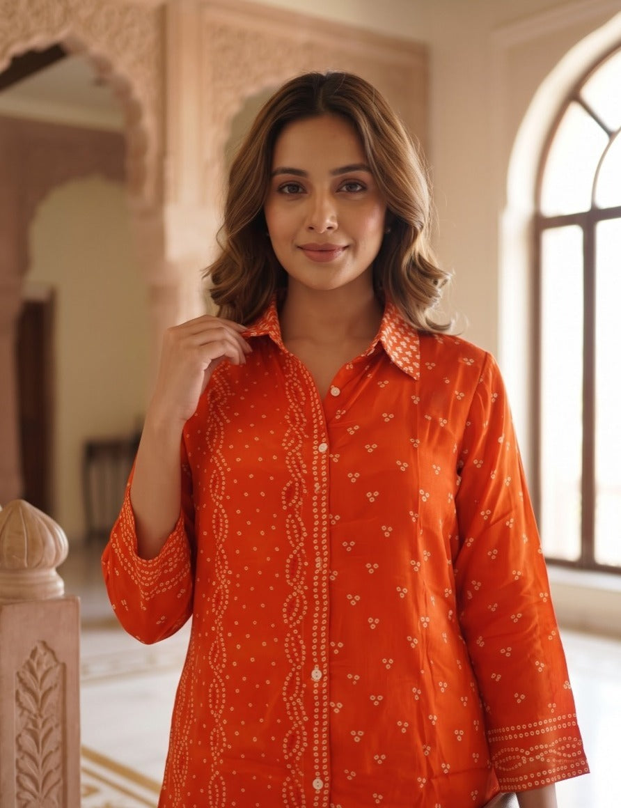 Woman wearing Orange Muslin Bandhani Print Shirt | Kunvarani