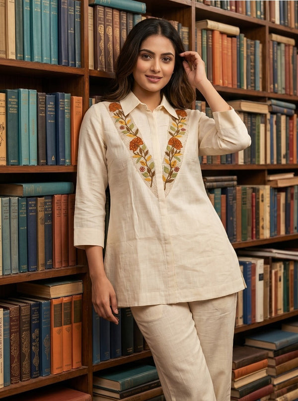 Woman wearing Flower Embroidery work Coord Set | Kunvarani