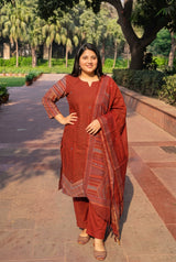 Red Thread Work Kurti Set with Dupatta