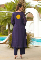 Navy Blue Ikat Border Kurta Pant Set