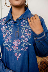 Blue Embroidered Floral Shirt Kurta