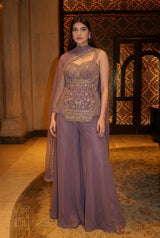 Woman wearing Purple Soft Tissue Embroidery IndoWestern Dress with Dupatta | Kunvarani