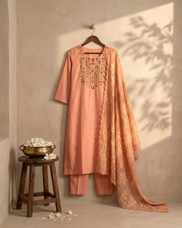 Pink Chanderi Thread Work Kurti Set with Dupatta