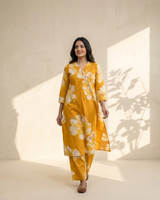 Yellow Cotton V-Neck Co-Ord Set