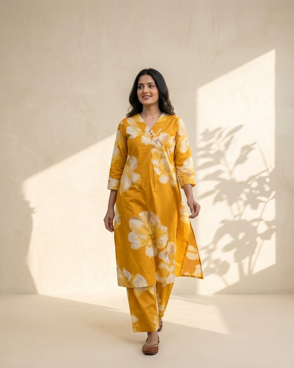 Yellow Cotton V-Neck Co-Ord Set