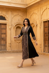 Woman wearing Black Ajrakh print Dress with mirror work | Kunvarani