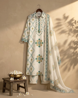 Front view of White Pearl Work Kurti Set with Dupatta from Kunvarani