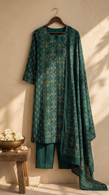 Front view of Cobalt Blue Thread Work Mandarin Collar Kurti Set with Dupatta from Kunvarani