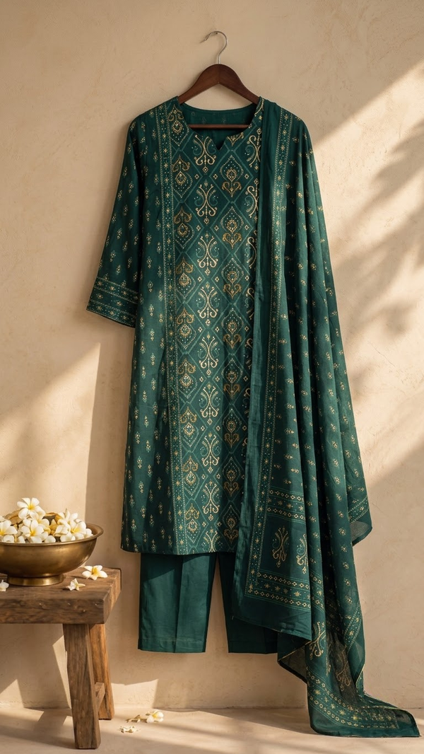 Front view of Cobalt Blue Thread Work Mandarin Collar Kurti Set with Dupatta from Kunvarani