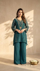 Woman wearing Navy Blue Soft Tissue Zardosi Work IndoWestern Dress | Kunvarani