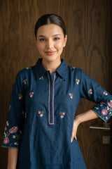Fabric and detail close up of Royal Blue Chanderi Cotton Embroidery Kurti Set from Kunvarani