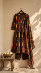 Front view of Brown Block Print Kurti Set with Dupatta from Kunvarani