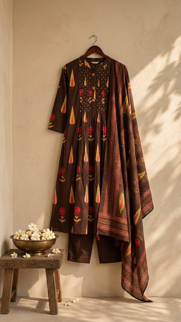 Front view of Brown Block Print Kurti Set with Dupatta from Kunvarani
