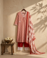 Red and White Striped Cotton Kurta Set with Dupatta