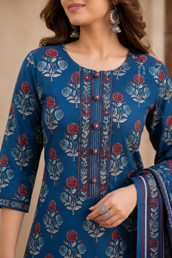 Woman wearing Flower Print kurti Set with Dupatta | Kunvarani