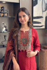 Red Embroidery Kurti Set with Dupatta