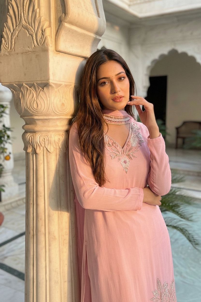 Blush Pink Chiffon Kurta Set with Dupatta
