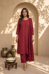 Woman wearing Hot Pink Thread Work Mandarin Collar Kurti Set with Dupatta | Kunvarani