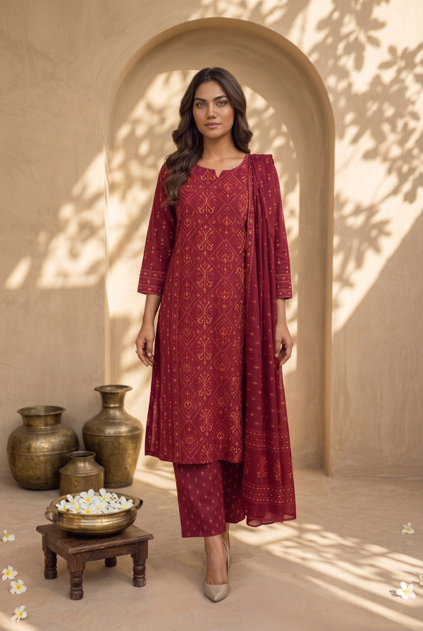 Woman wearing Hot Pink Thread Work Mandarin Collar Kurti Set with Dupatta | Kunvarani