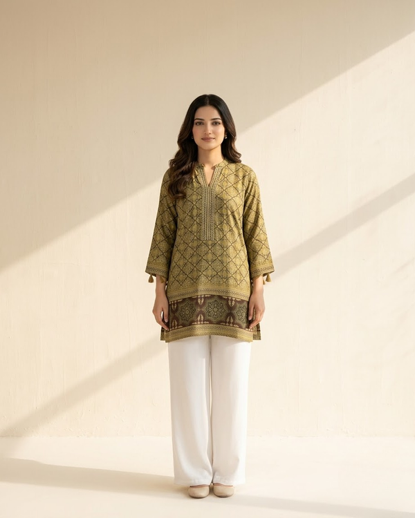 Mehendi Green Crepe Embroidery Mandarin Collar Shirt