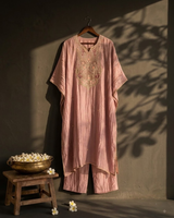 Front view of Pink Tissue Zardosi Work Mandarin Collar IndoWestern Dress from Kunvarani