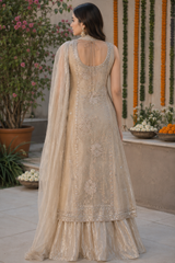 Fabric and detail close up of Gold Tissue Sequin Work IndoWestern Dress with Dupatta from Kunvarani