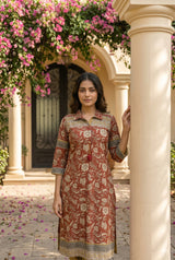 Rust Silk Blend Floral Print Co Ord Set