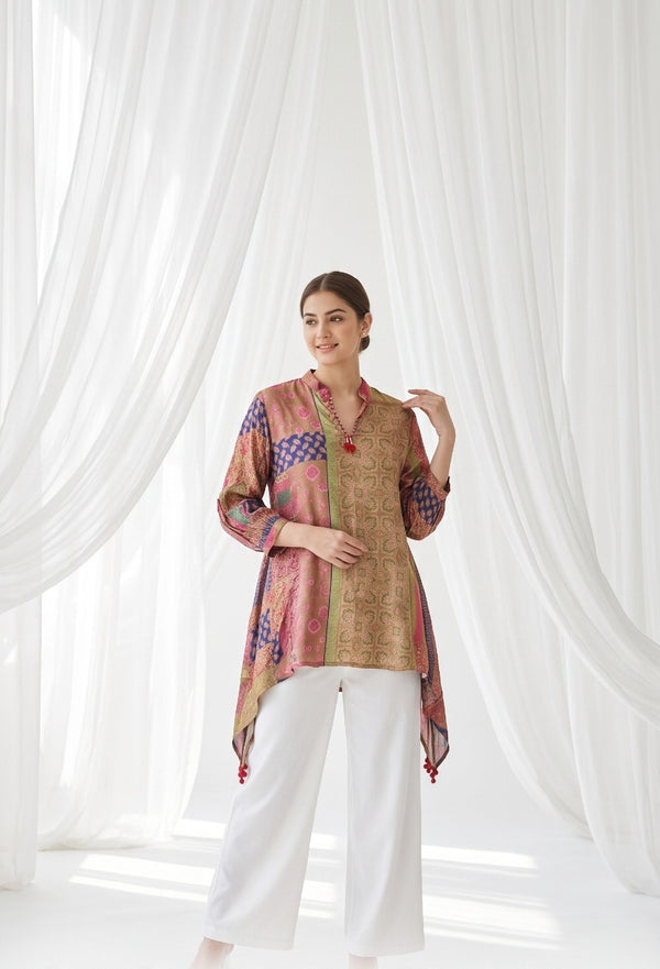 Woman wearing Crepe top with red stone tassle detail | Kunvarani