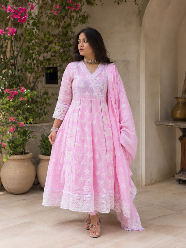 Cotton Lucknowi Lace Anarkali Suit Set with Dupatta
