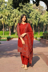 Red Thread Work Kurti Set with Dupatta