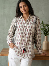 Front view of Off-White Mull Cotton Ajrakh Print Shirt from Kunvarani