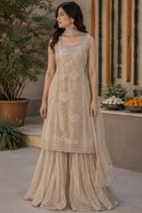 Woman wearing Gold Tissue Sequin Work IndoWestern Dress with Dupatta | Kunvarani