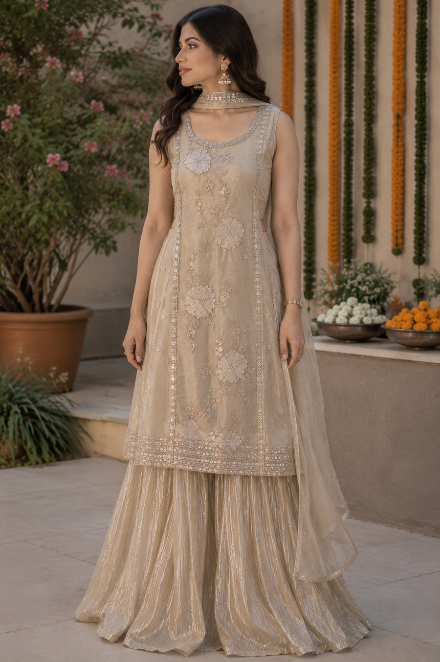 Woman wearing Gold Tissue Sequin Work IndoWestern Dress with Dupatta | Kunvarani