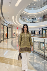 Woman wearing Ajrakh print Top | Kunvarani